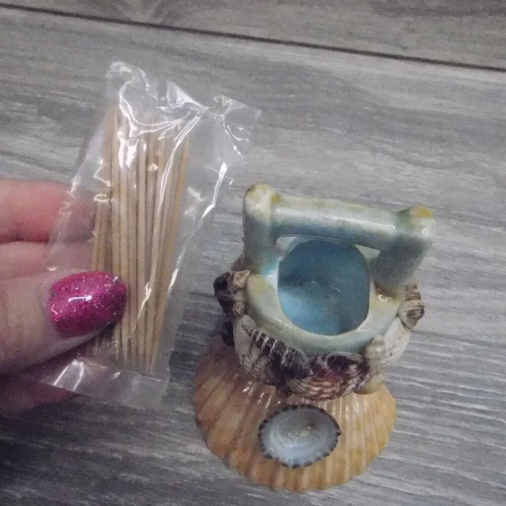 Nautical Coastal Kitchen Decor Seashell Toothpick Holder Basket Wishing Well